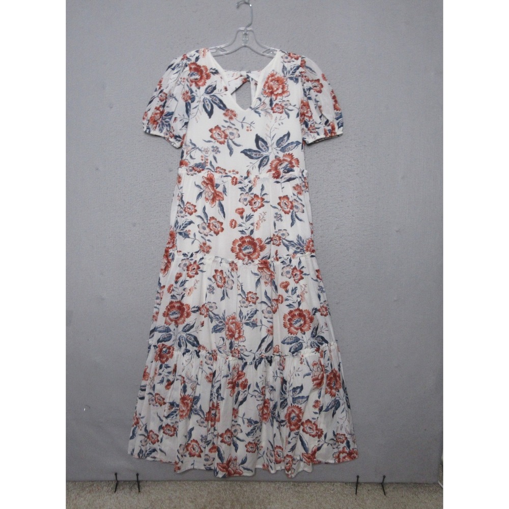 Lucky Brand Dress XS Floral Tiered Maxi Tie Back Boho Cotton Cottage Core Ruffle